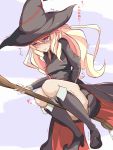  1girl agnes_(gegege_no_kitarou_6) bangs black_footwear black_hat black_shirt black_skirt blonde_hair blue_sky boots breasts broom broom_riding broomstick cloud day eyebrows_visible_through_hair female flying full_body gegege_no_kitarou hair_between_eyes hat have_to_pee highres japanese_text knee_boots long_hair long_sleeves miniskirt muroi_(fujisan0410) outdoors pleated_skirt pointy_shoes purple_eyes shirt shoes skirt sky small_breasts solo sweat talking tears translated trembling waist_cape witch witch_hat 
