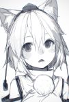  animal_ears detached_sleeves fangs greyscale hair_between_eyes hat highres inubashiri_momiji junwool looking_at_viewer monochrome open_mouth short_hair solo tokin_hat touhou upper_body wolf_ears 