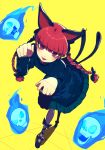  animal_ears bangs blush bow braid cat_ears dress fang flaming_skull kaenbyou_rin kuzudon looking_at_viewer multiple_tails open_mouth pantyhose paw_pose red_eyes red_hair simple_background skull slit_pupils tail touhou twin_braids two_tails yellow_background 