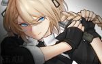  bangs black_gloves blonde_hair blue_eyes braid character_name closed_mouth collared_shirt combat_knife commentary cropped_jacket cutting_hair dress eyebrows_visible_through_hair fingerless_gloves g36_(girls_frontline) girls_frontline gloves hair_between_eyes holding holding_hair holding_knife knife long_hair looking_at_viewer maid maid_headdress mod3_(girls_frontline) shirt sidelocks simple_background solo ten_cws tsurime upper_body weapon white_shirt 