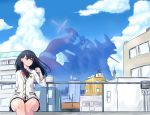  black_hair blue_eyes cardigan city cloud crossover giant highres kaijuu long_hair polearm redman redman_(character) school_uniform sky spear ssss.gridman stabbing takarada_rikka uniform viperxtr weapon 