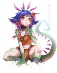  bare_shoulders blue_hair bodypaint breasts character_name cleavage commentary finger_to_mouth flipped_hair flower hair_flower hair_ornament highres league_of_legends lizard_girl lizard_tail midriff monster_girl navel neeko_(league_of_legends) purple_hair shushing simple_background slit_pupils small_breasts sollyz spread_legs squatting strap_slip tail tank_top white_background yellow_eyes 
