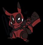  2018 4_toes actor_allusion clothed clothing deadpool digital_drawing_(artwork) digital_media_(artwork) dipstick_ears fully_clothed hand_behind_back hi_res marvel melee_weapon nintendo pikachu pikapool pok&eacute;mon pok&eacute;mon_(species) qwersi solo standing sword toes video_games weapon 