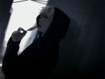 1boy against_wall alley black_hoodie candy eating food hand_up hood lollipop long_sleeves male_focus nakkamonakkamo open_mouth original outdoors power_lines standing white_background white_hair 