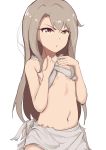  absurdres bangs bare_arms bare_shoulders breasts brown_hair closed_mouth eyebrows_visible_through_hair fate/kaleid_liner_prisma_illya fate_(series) fingernails hair_between_eyes hands_up highres illyasviel_von_einzbern long_hair looking_at_viewer navel pear_sauce rags red_eyes simple_background small_breasts solo v-shaped_eyebrows very_long_hair white_background 
