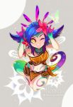  ;d \m/ aa2233a blue_hair body_markings breasts character_name commentary_request double_\m/ flower freckles hair_flaps hair_flower hair_ornament highlights league_of_legends long_tail loose_clothes medium_hair multicolored multicolored_hair multicolored_skin navel neeko_(league_of_legends) nico_nico_nii one_eye_closed open_mouth skirt smile solo tail tank_top teeth yellow_eyes 