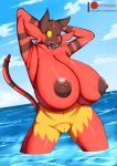  2018 anthro areola beach big_breasts breasts cloud digital_media_(artwork) female hands_behind_head hi_res huge_breasts hyper hyper_breasts incineroar l-a-v nintendo nipples one_eye_closed open_mouth open_smile outside partially_submerged patreon pok&eacute;mon pok&eacute;mon_(species) pussy seaside sky slit_pupils smile solo tits_(lysergide) url video_games water wink yellow_sclera 