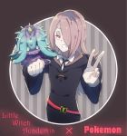  blue_eyes clenched_hand copyright_name gen_7_pokemon grey_background hair_over_one_eye highres little_witch_academia long_hair looking_at_viewer mareanie oga_sleep parted_lips pink_eyes pokemon pokemon_(creature) pokemon_(game) purple_hair school_uniform smile striped striped_background sucy_manbavaran v wide_sleeves yellow_sclera 