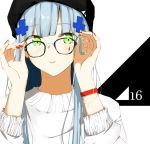  adjusting_eyewear bangs beanie blunt_bangs blush bracelet breasts casual commentary_request eyebrows_visible_through_hair facial_mark girls_frontline glasses green_eyes hair_ornament hat highres hk416_(girls_frontline) ichiki_1 jewelry long_hair looking_at_viewer medium_breasts nail_polish parted_lips red_nails sidelocks silver_hair solo sweater teardrop very_long_hair white_sweater wristband 