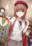  bag bang_dream! bangs beret blurry blurry_background brown_hair brown_hat clothes clothes_hanger clothes_rack collarbone cross-laced_clothes green_eyes grey_skirt hand_up hat highres imai_lisa indoors long_hair looking_at_viewer mannequin narafume plaid plaid_skirt red_hat shirt shopping shopping_bag short_sleeves shoulder_bag shoulder_cutout skirt smile solo white_shirt 