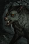  2018 amber_eyes aurru bone canine digital_media_(artwork) feral forest fur grass grey_fur mammal night open_mouth outside skull solo standing teeth tongue tree wolf 