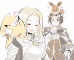  aubz blonde_hair blush closed_eyes cyrus_(octopath_traveler) dress eevee elbow_gloves gloves jewelry long_hair necklace octopath_traveler ophilia_(octopath_traveler) pikachu pokemon pokemon_(creature) pokemon_(game) pokemon_lgpe short_hair simple_background smile tail white_background 