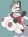  2018 anthro big_breasts blush breasts clothed clothing clothing_lift digital_media_(artwork) e! edit feline female grey_hair grumpy hair jersey looking_at_viewer mammal nipples ocelot red_nipples shorts simple_background uncensored unknown_artist yvette_(kilinah) 