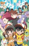  6+girls ;d ayumi_(pokemon) bald baseball_cap black_eyes black_hair blonde_hair blue_eyes bob_cut bright_pupils brown_eyes brown_hair eevee ekans english erika_(pokemon) everyone facial_hair fang flower gen_1_pokemon gen_7_pokemon glasses green_eyes grin gym_leader hair_intakes hairband hat highres japanese_clothes kakeru_(pokemon) kasumi_(pokemon) katsura_(pokemon) kimono koffing kojirou_(pokemon) kyou_(pokemon) lavender_hair long_hair looking_at_viewer matis_(pokemon) meltan meowth mew multiple_boys multiple_girls musashi_(pokemon) mustache nashirasauce natsume_(pokemon) ninja one_eye_closed open_mouth orange_hair pearl_earrings pikachu poke_ball_theme pokemon pokemon_(creature) pokemon_(game) pokemon_lgpe ponytail rose shin_(pokemon) short_hair short_sleeves smile spiked_hair sun takeshi_(pokemon) tank_top twitter_username white_hair 