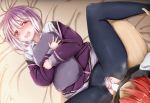  1girl ass_visible_through_thighs bangs bed_sheet black_legwear blush censored clothed_sex collared_shirt commentary_request couple eyebrows_visible_through_hair hand_on_another's_leg hetero hibiki_yuuta holding_leg jacket long_sleeves looking_at_viewer lying no_pants on_back open_clothes open_jacket open_mouth oral panties panties_aside pantyhose penis pillow pillow_hug pink_hair pink_panties purple_jacket pussy red_eyes red_hair school_uniform sex shinjou_akane shirt short_hair short_sleeves spread_legs ssss.gridman sweat tears torn_clothes torn_legwear underwear uricotake vaginal waistcoat white_shirt wing_collar 