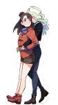  2girls blush brown_hair couple diana_cavendish formal hug hug_from_behind jacket kagari_atsuko little_witch_academia long_hair looking_at_another multicolored_hair multiple_girls red_eyes shorts simple_background suit wavy_hair yuri 