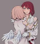  armband bang_dream! blue_eyes blush dress feathered_wings finger_to_another's_mouth formal gloves grey_background hair_between_eyes hand_on_another's_shoulder jacket long_hair long_sleeves looking_at_another multiple_girls open_collar open_mouth pink_hair re_ghotion red_hair ribbon simple_background sleeveless sleeveless_dress smile suit sweatdrop udagawa_tomoe uehara_himari white_gloves white_jacket white_suit white_wings wings wrist_ribbon yuri 