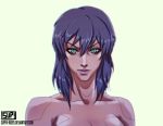  artificial_eyes breasts commentary cybernetic_eye cybernetic_parts cyberpunk cyborg english_commentary ghost_in_the_shell green_eyes kusanagi_motoko lips looking_at_viewer mullet nude purple_hair science_fiction serious signature simple_background solo suppa-rider upper_body 