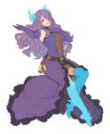  breasts camilla_(fire_emblem_if) collarbone cosplay fire fire_emblem fire_emblem_if gloves hair_over_one_eye highres kagutsuchi_(xenoblade) kagutsuchi_(xenoblade)_(cosplay) large_breasts lips long_hair purple_eyes purple_hair simple_background smile valcard992 very_long_hair wavy_hair xenoblade_(series) xenoblade_2 