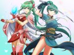  2girls :d aqua_background aqua_dress aqua_eyes aqua_hair arm_up bare_legs black_choker black_gloves boots bow bracer breasts bug butterfly cape chiki choker circlet cleavage closed_mouth dress eyebrows_visible_through_hair eyes_visible_through_hair feet_out_of_frame female fire_emblem fire_emblem:_kakusei fire_emblem:_monshou_no_nazo fire_emblem:_rekka_no_ken fire_emblem_heroes floating_hair garter_straps gem gloves gradient gradient_background green_hair hair_between_eyes hair_ornament hands_up happy headpiece high_ponytail highres holding holding_gem holding_sword holding_weapon insect jewelry kakiko210 kakiko228 katana large_breasts legs light_particles long_dress long_hair looking_at_viewer lyndis_(fire_emblem) mamkute medium_breasts multiple_girls neck nintendo older open_mouth pelvic_curtain pink_bow pink_cape pink_dress pink_legwear pointy_ears ponytail red_dress red_footwear red_gloves short_dress short_sleeves side-by-side side_slit sidelocks sleeveless sleeveless_dress smile standing stone super_smash_bros. super_smash_bros._ultimate sword thighhighs tiara very_long_hair weapon white_cape wind wind_lift 