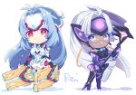  android bare_shoulders blue_eyes blue_hair breasts cleavage cyborg dark_skin elbow_gloves expressionless forehead_protector glasses gloves himono_xeno kos-mos kos-mos_re: leotard long_hair looking_at_viewer multiple_girls red_eyes silver_hair smile standing t-elos t-elos_re thighhighs very_long_hair white_leotard xenoblade_(series) xenoblade_2 xenosaga xenosaga_episode_iii 