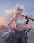  absurdres bangs blue_sky breasts cloud commentary edward_chee_kok_seang english_commentary evening freckles glasses grey_eyes highres holding holding_sword holding_weapon jewelry katana lips looking_at_viewer medium_breasts mountainous_horizon necklace original parted_lips pink_lips pink_petals round_eyewear sarashi short_hair sky solo stomach sunlight swept_bangs sword toned weapon white_hair 