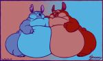  2015 alien blue_body border digital_drawing_(artwork) digital_media_(artwork) disney duo experiment_(species) eyes_closed gradient_background leroy_(lilo_&amp;_stitch) lilo_and_stitch morbidly_obese notched_ear obese open_mouth open_smile overweight red_body signature simple_background small_tail smile snozzy stitch 