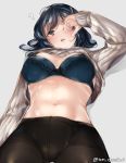  alternate_costume black_legwear blue_bra blue_eyes blue_hair blush bra breasts commentary_request crotch_seam eyebrows_visible_through_hair grey_background juurouta kantai_collection large_breasts long_hair lying on_back open_mouth panties panties_under_pantyhose pantyhose simple_background solo souryuu_(kantai_collection) sweater underwear white_sweater 