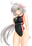  absurdres ahoge ass_visible_through_thighs black_legwear black_swimsuit breasts commentary_request competition_swimsuit flower_knight_girl green_eyes grey_hair hair_ornament hand_on_own_chest head_tilt highres long_hair medium_breasts one-piece_swimsuit piko_hiroshi serruria_(flower_knight_girl) simple_background solo standing swimsuit white_background 