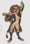  2018 4_fingers anthro armwear barefoot beaker belt bottomless breasts brown_eyes brown_fur brown_hair clothed clothing dress erlenmeyer_flask featureless_crotch female fur hair lagomorph legwear mammal multicolored_fur open_mouth partially_clothed paws rabbit reign-2004 simple_background socks solo toeless_socks tongue two_tone_fur 