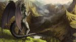  2018 anthro aurru day detailed_background digital_media_(artwork) dragon grass green_eyes horn male membranous_wings nude outside scalie sky solo spines western_dragon wings 