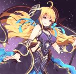  ahoge blonde_hair blue_eyes commentary_request dark_persona dragalia_lost dress fruitfroze hair_ribbon horns long_hair purple_dress red_eyes ribbon smile solo spoilers standing zethia 