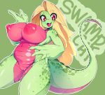  alligator anthro big_breasts big_forearms breasts crocodilian english_text fangs female green_scales hair long_hair matz multicolored_scales navel nipples non-mammal_breasts nude orange_hair pink_scales pussy red_eyes reptile scales scalie simple_background slugbox solo sweat text thick_tail thick_thighs two_tone_scales voluptuous yellow_pupils 