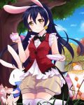  animal_ears bangs blue_hair blush bunny bunny_ears commentary_request earrings gloves hair_between_eyes heart highres holding jewelry korekara_no_someday long_hair looking_at_viewer love_live! love_live!_school_idol_project mikimo_nezumi puffy_shorts shorts smile solo sonoda_umi thighhighs white_gloves white_legwear yellow_eyes 