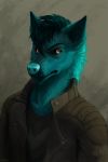  2018 anthro aurru blue_fur canine clothed clothing cyan_nose digital_media_(artwork) dog fur male mammal orange_eyes simple_background solo 