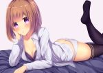  :o amane_1906 arm_support ass bangs bed_sheet black_bra black_legwear bra breasts brown_eyes brown_hair butt_crack chin_rest cleavage double_horizontal_stripe dress_shirt eyebrows_visible_through_hair grey_background hair_ornament hairclip highres leg_up legs light_blush long_sleeves looking_at_viewer lying medium_breasts medium_hair mole mole_on_breast no_pants on_bed on_stomach original panties parted_lips print_legwear shirt solo swept_bangs thighhighs thighs underwear white_panties white_shirt 