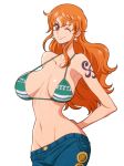  1girl bare_arms bare_shoulders bikini_top brown_eyes cu8rvy denim eye_closed female high_resolution jeans joy_division nami_(one_piece) navel one_piece orange_hair pants simple_background smile solo stomach tattoo white_background wink 