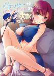  1girl :d bazett_fraga_mcremitz bed_sheet belt between_breasts blue_hair blue_skirt breasts brown_eyes cover cover_page crop_top doujin_cover earrings eyebrows_visible_through_hair fate/hollow_ataraxia fate_(series) gae_bolg gloves holding holding_spear holding_weapon jewelry lancer large_breasts long_hair looking_at_viewer midriff miniskirt misoiri_(gokutsubushi) necktie necktie_between_breasts open_mouth pencil_skirt pillow polearm ponytail purple_hair red_eyes red_neckwear shiny shiny_hair short_hair sitting skirt sleeveless smile spear stomach weapon white_gloves 
