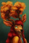  2018 anthro aurru black_nose blue_eyes cervine clothed clothing digital_media_(artwork) female green_background hair looking_at_viewer mammal red_hair simple_background solo 