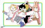  anthro baitotackey black_fur clothed clothing feline fur green_eyes kuehiko_roshihara lagomorph looking_at_viewer male mammal multicolored_fur rabbit rufuta_hachitani tapio_chatarozawa two_tone_fur uwaharu_nezazono whiskers white_fur working_buddies! 