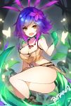  :d artist_name ass bare_shoulders blue_hair breasts butaros cleavage commentary fang flower gradient_hair hair_flower hair_ornament highres jewelry league_of_legends lizard_girl lizard_tail midriff monster_girl multicolored_hair necklace neeko_(league_of_legends) open_mouth purple_hair smile solo strap_slip tail tank_top two-tone_hair yellow_eyes 