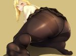  annoyed ass blonde_hair blue_eyes blush commentary_request crotch_seam feet from_behind huge_ass long long_hair looking_at_viewer looking_back mole mole_under_mouth original panties panties_under_pantyhose pantyhose plaid plaid_skirt school_uniform skirt soles solo suruga_kreuz thick_thighs thighband_pantyhose thighs underwear yellow_background 