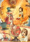  1girl black_hair bodice bodysuit breasts brown_eyes choker cleavage commentary_request deboo final_fantasy final_fantasy_ix garnet_til_alexandros_xvii globe gloves long_hair low-tied_long_hair orange_bodysuit smile traditional_media watercolor_(medium) younger 