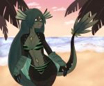  2018 anthro beach bikini black_nose black_scales blue_eyes breasts cleavage clothed clothing cloud detailed_background digital_media_(artwork) ear_fins female fin gem green_hair green_scales hair hoodie long_hair marine merfolk miren multicolored_scales non-mammal_breasts open_mouth palm_tree pandalana scales scalie seaside sky smile solo striped_bikini swimsuit teeth tongue tree two_tone_ears two_tone_scales webbed_hands 