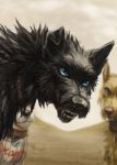  2018 aurru black_fur black_nose blue_eyes canine day detailed_background digital_media_(artwork) dog feral fur group mammal open_mouth outside sky teeth 