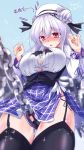  azur_lane between_legs black_legwear breasts bursting_breasts chain cleavage commentary_request cygnet_(azur_lane) dated double_bun garter_straps hat large_breasts long_hair long_sleeves no_bra plaid plaid_skirt red_eyes side_slit signature silver_hair skirt tears thigh_gap thighhighs yamu_(reverse_noise) 