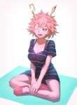  absurdres ashido_mina black_sclera boku_no_hero_academia highres horns one_eye_closed open_mouth pink_hair pink_skin shirt simple_background solo striped striped_shirt yatisi yellow_eyes 