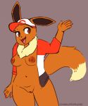  2018 anthro anthrofied baseball_cap bottomless breasts brown_eyes brown_fur casual_nudity clothed clothing eevee female fluffy fluffy_tail front_view fur grey_background happy hat humanoid_hands inverted_nipples looking_away mammal neck_tuft nintendo nipples open_jacket open_mouth open_smile pok&eacute;mon pok&eacute;mon_(species) pok&eacute;morph portrait pussy rainbowsprinklesart simple_background smile solo three-quarter_portrait tuft video_games waving 