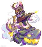  2017 anthro arm_wraps bandanna belt belt_buckle boots clothing ear_piercing eyebrows eyelashes fangs female finger_claws flying footwear fur green_eyes grey_fur grungecandy gun hair holding_object holding_weapon hyena looking_at_viewer mammal midriff missile mohawk pants piercing ranged_weapon rocket sharp_teeth shooting sitting smoke solo straddling striped_hyena sybil_(deathhydra) teeth tongue tongue_out tongue_piercing weapon white_fur wraps 