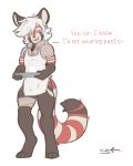  2017 apron balls bandage barista beverage blush bottomless bulge clothed clothing coffee cup dialogue digitigrade hair long_tail male mammal polo red_panda ringtail serulean sinclair_(notglacier) smile solo tray white_hair 